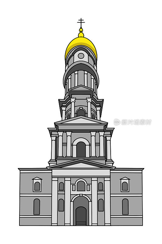 乌克兰哈尔科夫圣母升天大教堂的矢量草图。
