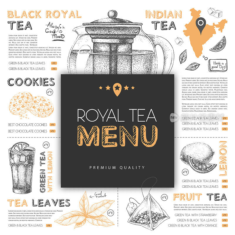 餐厅御茶菜单设计采用手绘茶元素。矢量图