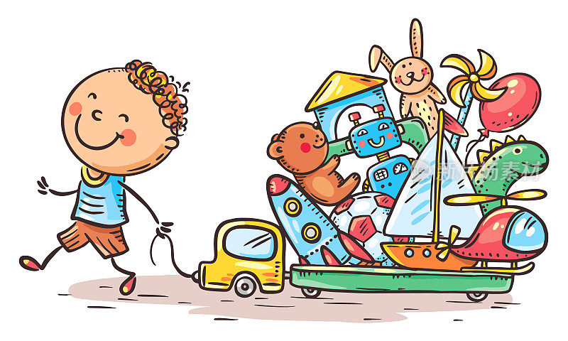 卡通小男孩在卡车上有很多玩具