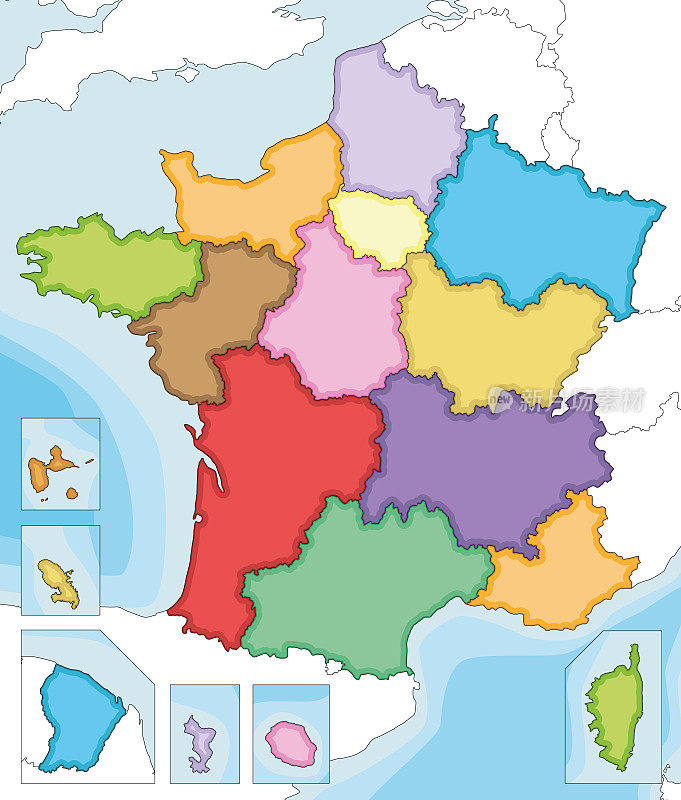矢量插图空白地图法国地区、领土和行政区划，以及邻国。可编辑和明确标记层。