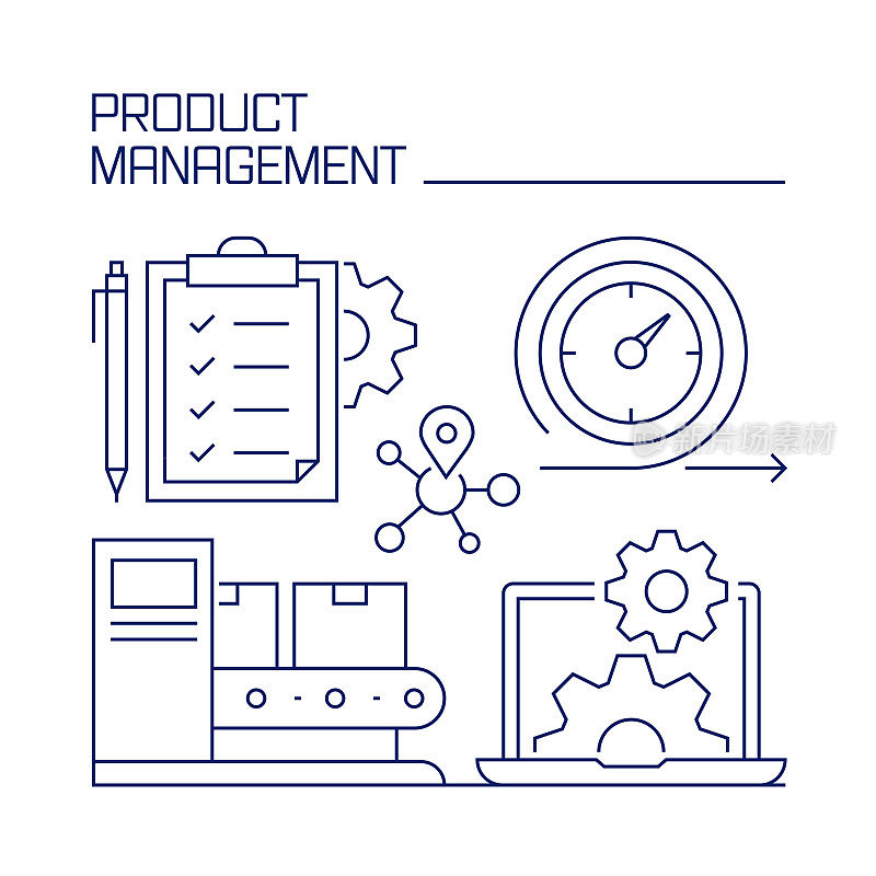产品管理相关设计要素。使用大纲图标的模式设计。
