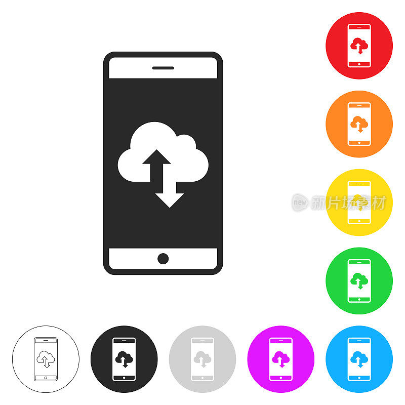 云下载和上传与智能手机。彩色按钮上的图标