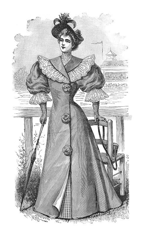 优雅的女人与伞在历史时装连衣裙-复古雕刻插图