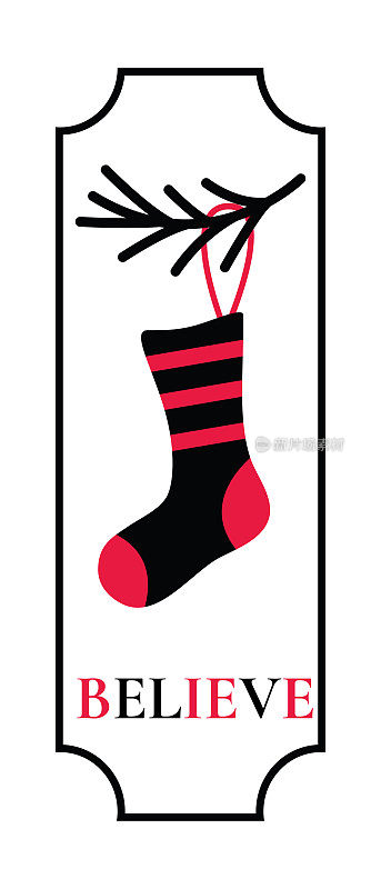 相信引用与圣诞袜。庆典长标牌矢量设计。冬季农家乐的圣诞装饰标志。