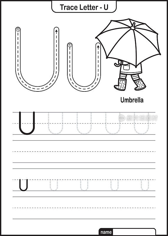 字母追踪字母A到Z学前工作表与字母U伞亲矢量