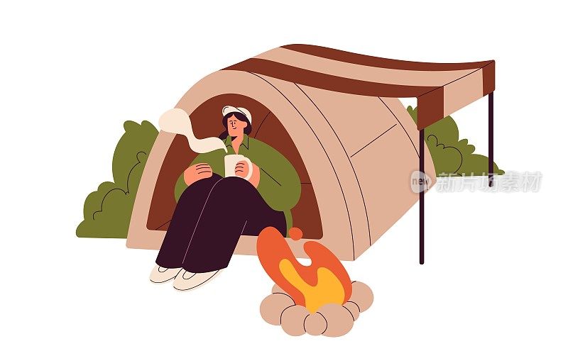 在大自然中独自露营时，坐在篝火旁的帐篷里的人。游客在火边喝着热饮，独自一人在篝火旁休闲。平面矢量插图孤立在白色背景上