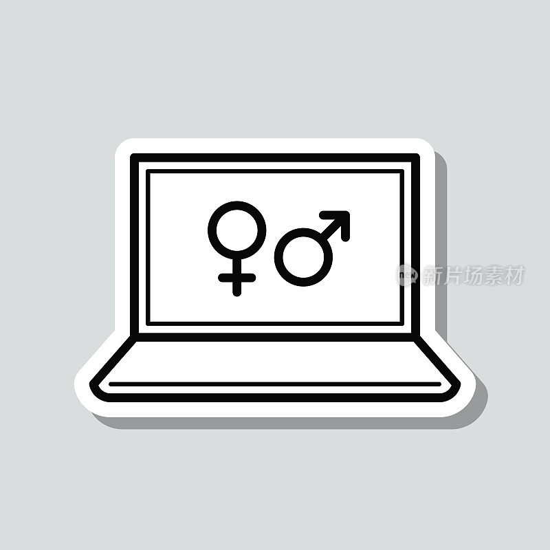 带有性别符号的笔记本电脑。图标贴纸在灰色背景
