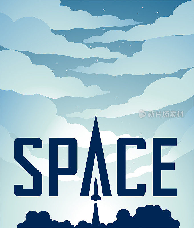 太空海报火箭发射在灰蓝色的夜空与深蓝色的文字