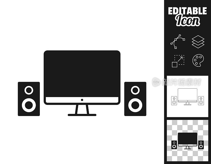 带扬声器的台式电脑。图标设计。轻松地编辑