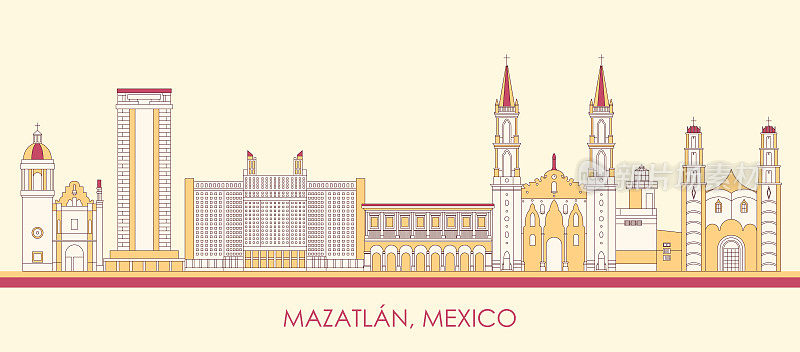 墨西哥马萨特兰市的卡通天际线全景