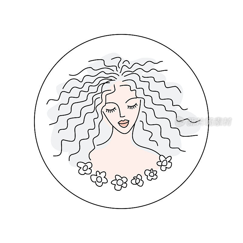 女孩矢量圆形标志。发型,女性的脸。美容院的标志。年轻女子面对网络头像。美容概念