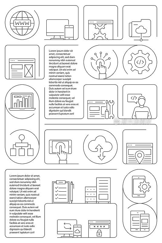 网页开发相关矢量横幅设计概念，现代线条风格与图标