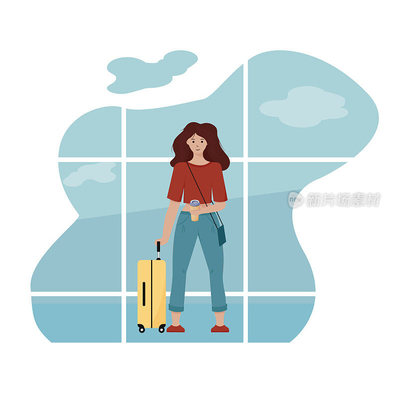一个年轻女子提着行李箱去度假。