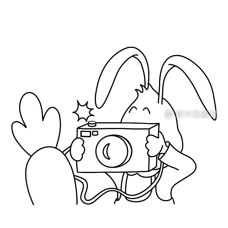 可爱的兔子用老式相机拍胡萝卜。圣诞节，新年和复活节等高线矢量插图。卡通风格的兔子集合。幽默