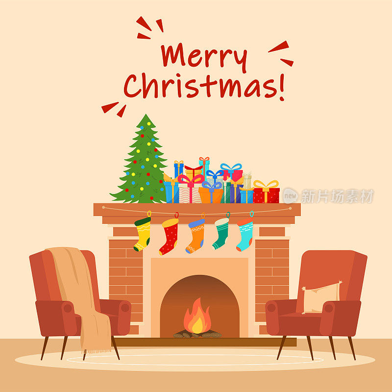 方形圣诞卡观客厅与火空间与圣诞树和礼物礼物和袜子。矢量插图。
