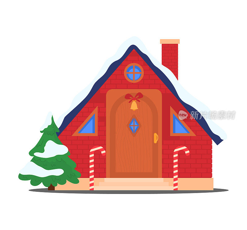 圣诞装饰房屋立面，新年贺卡用小村舍矢量插画。