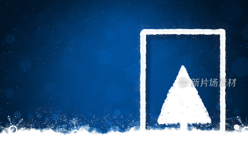 创意暗午夜海军蓝彩色圣诞背景与一个大边框白色抽象雪花圣诞树雪花和雪遍布地面，边界像门或门