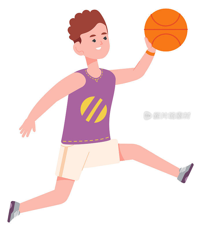 欢快的男孩在打篮球。有球的活跃孩子
