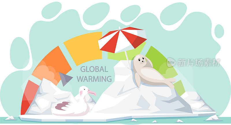 全球变暖期间，极地鸟和海豹坐在融化的冰上。地球温升指示器