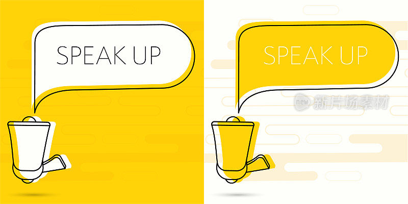 说出来。扩音器和彩色黄色的演讲气泡引用。博客管理，博客和网站写作。概念海报为社交网络，广告，横幅