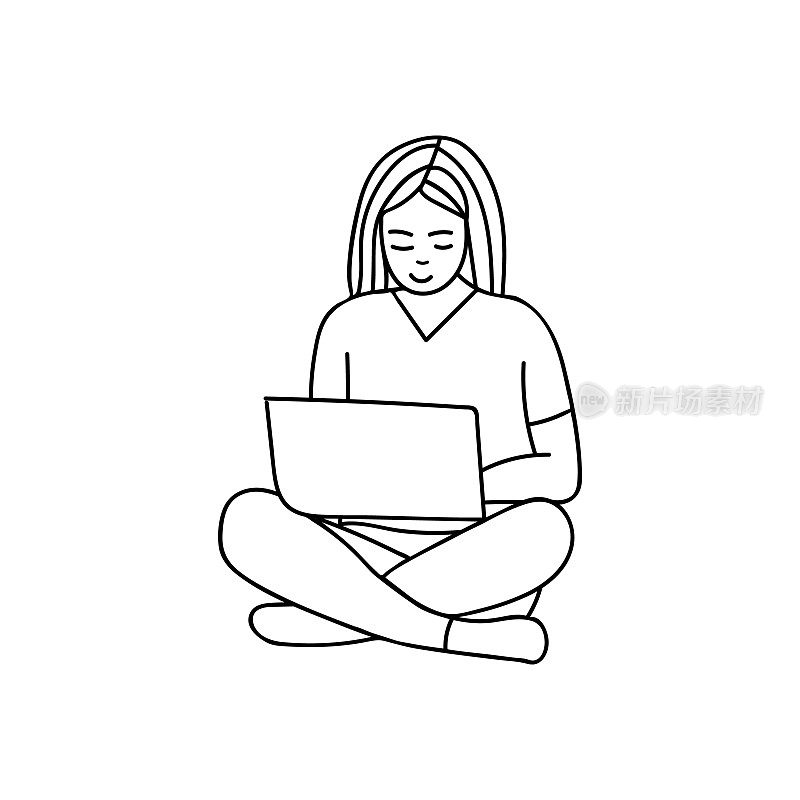 女人坐在地板上和工作在计算机涂鸦插图矢量。年轻的女孩坐在地板上，在笔记本电脑上手绘矢量图标。