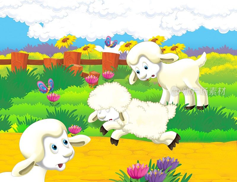农场生活的卡通场景，羊在草地上玩得很开心-为孩子们做插图