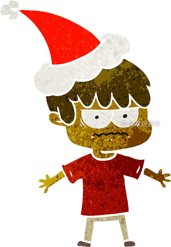 讨厌的手画复古卡通的男孩戴着圣诞老人的帽子