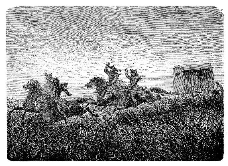 19世纪戈壁沙漠的邮政服务:在丝绸之路的草原上，信使骑马训练邮车，为快递服务服务