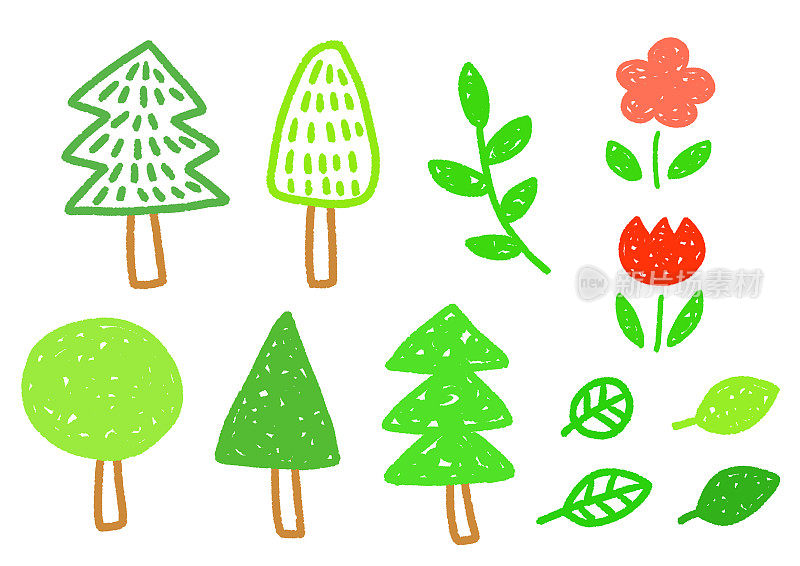 树，叶子，花，自然，圆珠笔风格的插图素材集，手写