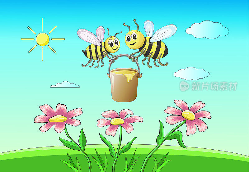 景观。两只亮黄色的蜜蜂，一个女孩和一个男孩，提着一桶蜂蜜，甜甜地笑着，在蓝天和粉红花草地的背景下飞翔。昆虫。矢量插图。