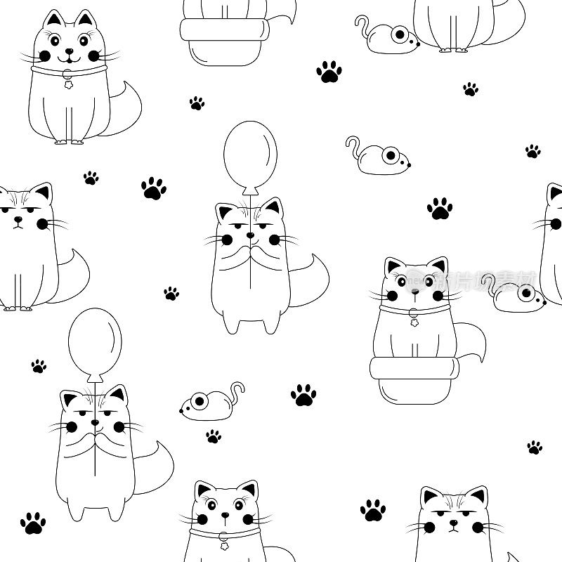 无缝黑白轮廓图案与可爱的涂鸦猫字符。