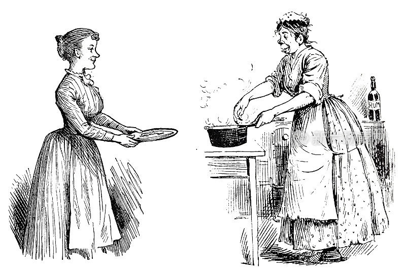 女厨师把食物从锅里盛到盘子里
