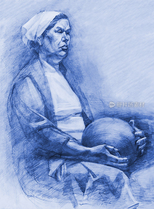 插图蓝色铅笔画人物的女人在披肩头上的背景上的铅笔阴影