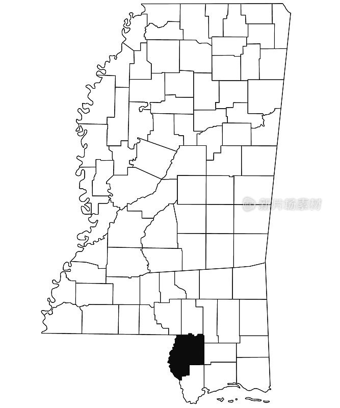 白色背景的密西西比州珠江县地图。密西西比地图上的单个县以黑色突出显示。美利坚合众国，美国