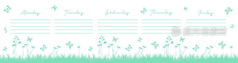 平面风格的周计划概念。一周的待办事项清单在一个孤立的白色背景上，草地上有春天的草药和蝴蝶。单色剪影矢量插图。