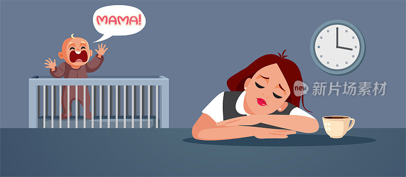 婴儿尖叫的妈妈，当她睡觉矢量卡通插图