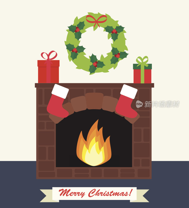 壁炉里放着礼物和圣诞袜
