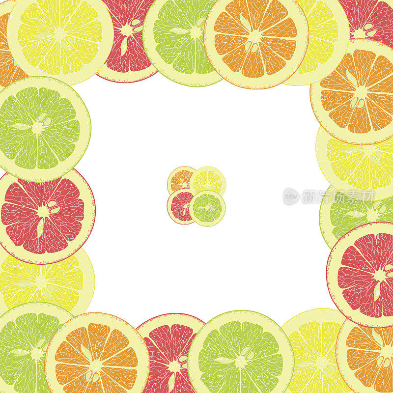 方形框架由柠檬片，橙片，酸橙，柚子