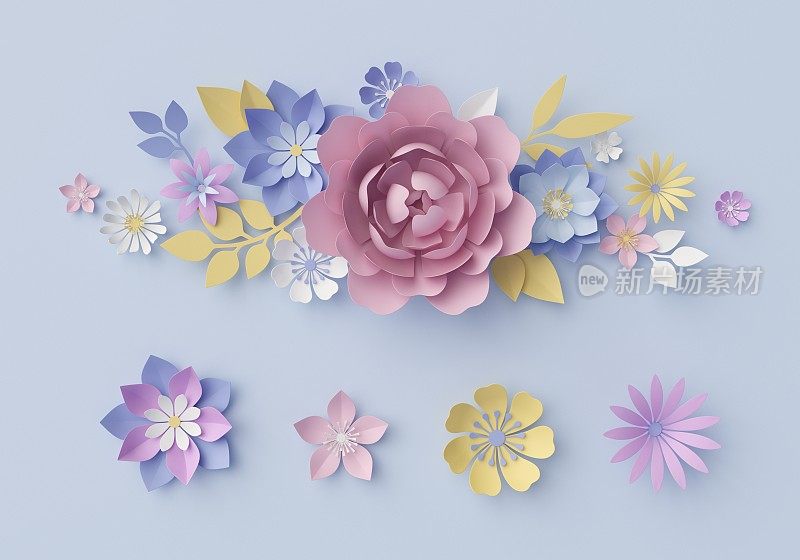 3d渲染，数字插图，蓝色花卉背景，蜡笔纸花，节日墙壁装饰，装饰装饰品，新娘花束，贺卡
