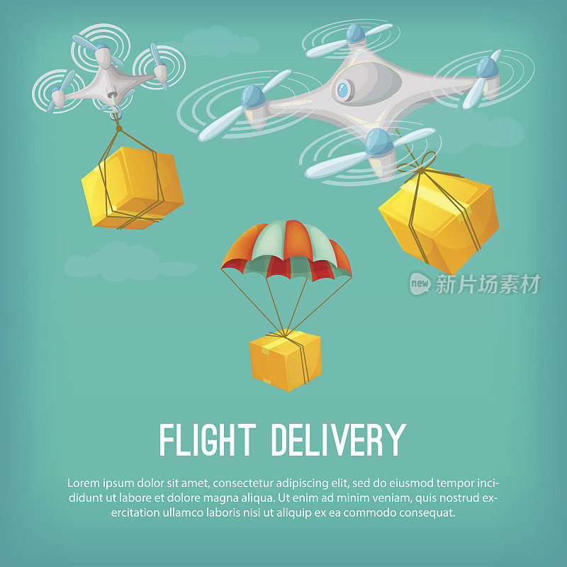 飞机交付的概念。卡通矢量插图。无人机和降落伞飞行航运。