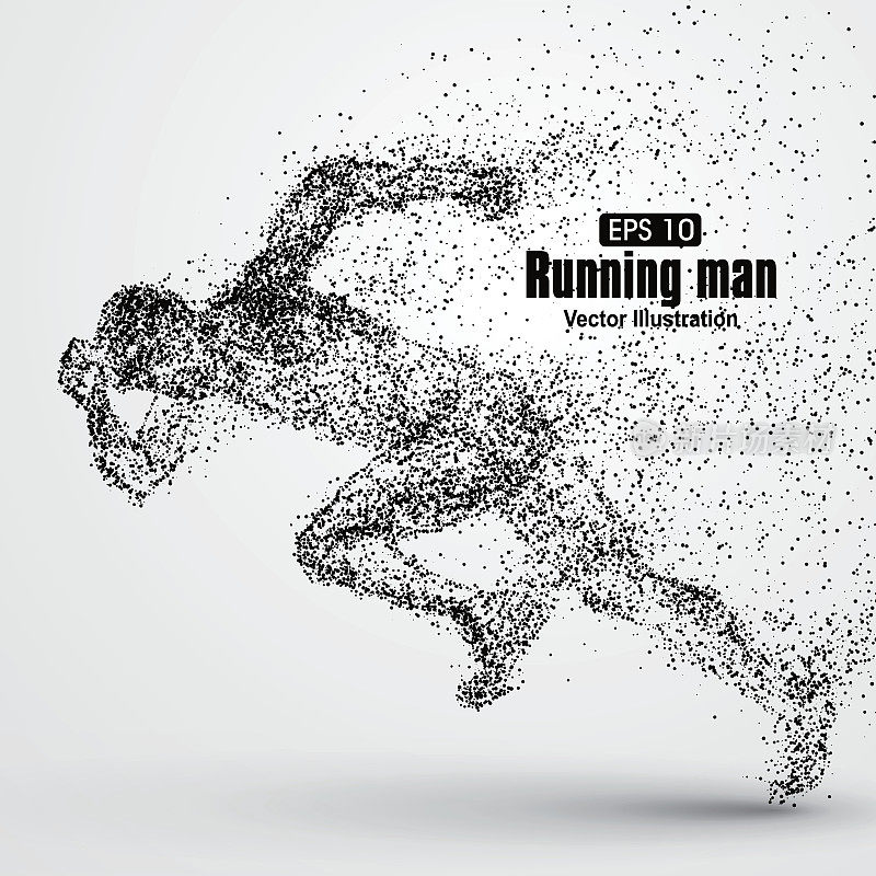 奔跑的人，粒子发散组成，矢量插图。