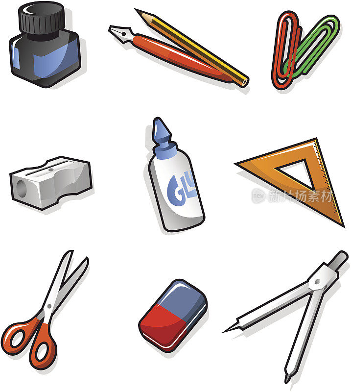 学校元素，墨水，钢笔，夹，卷笔刀，胶水，方形剪刀，橡胶