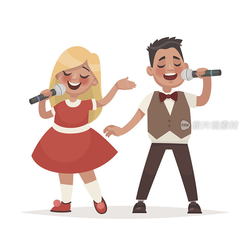 一个男孩和一个女孩对着麦克风唱歌。孩子们的音乐组合。矢量插图卡通风格