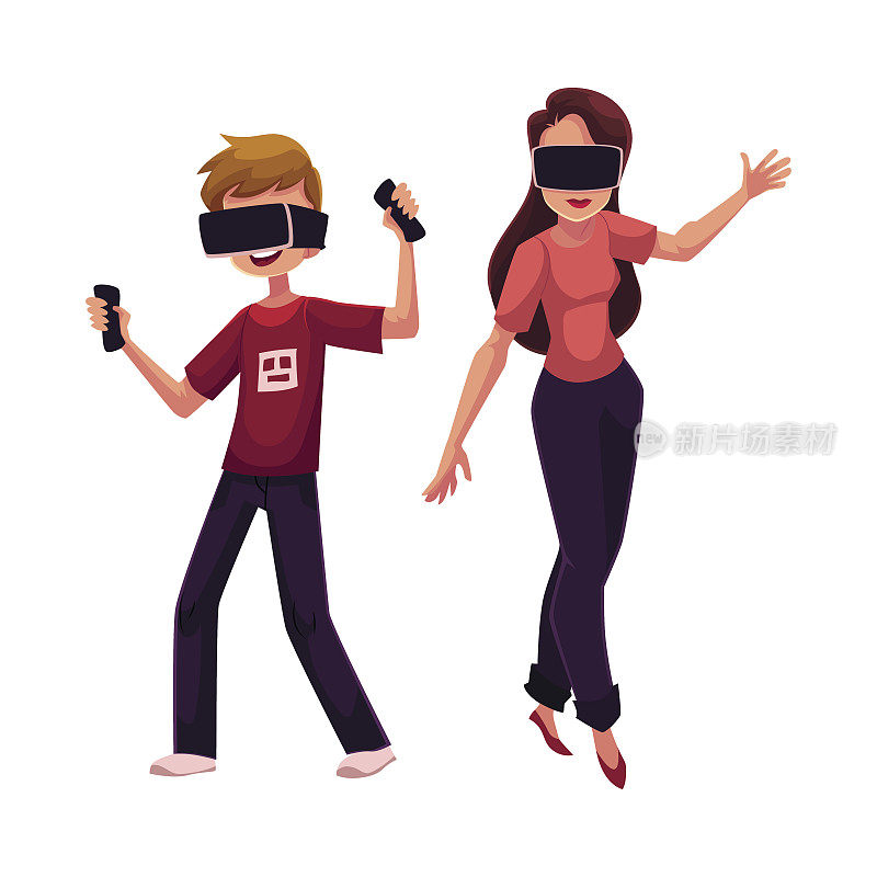 男孩和女孩戴着虚拟现实头盔，模拟器，一起玩