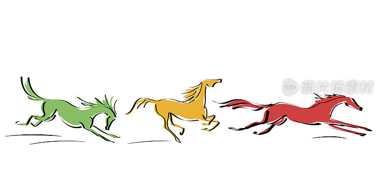 一套飞驰的红色，黄色，橙色的马在运动的白色背景。行手绘。