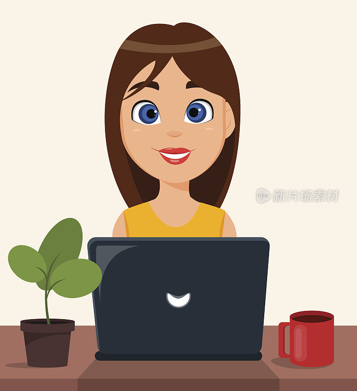 女企业家在她的办公桌上用笔记本电脑工作。可爱的卡通人物。现代颜色矢量插图。