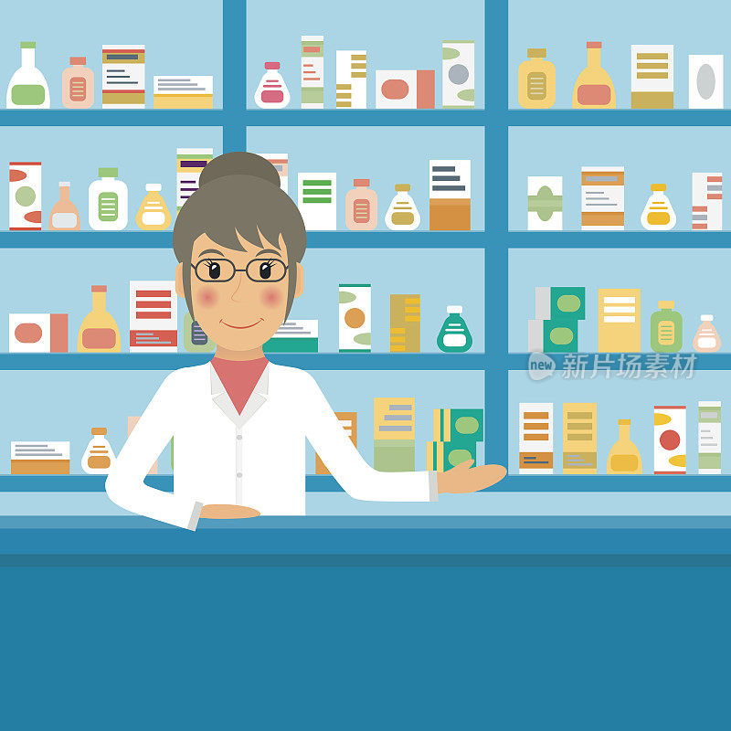 女药师在柜台旁边放着药品和药品的架子。药店女售货员工作。矢量插图在平面风格。