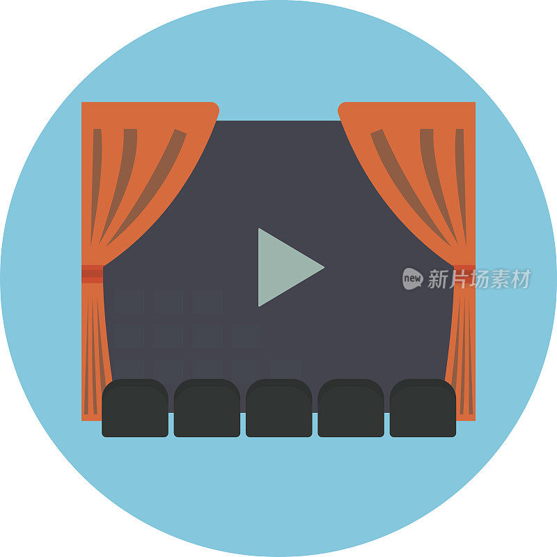 一排灰色的电影院房坐在电影屏幕前，有戏剧标志和红色的幕帘