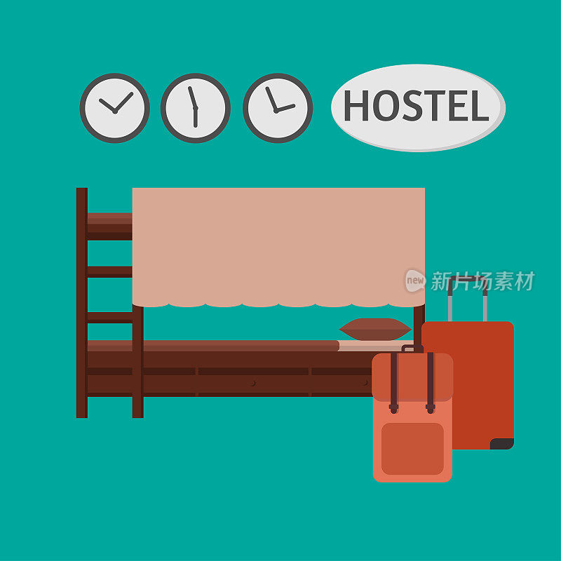 经济旅馆。经济型酒店宿舍室内，双层床，公用浴室和公共区域。