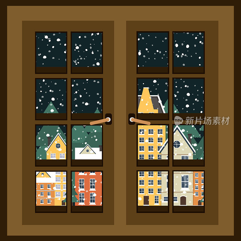冬天的风景。窗外的景色。新年的海报。冬天村庄。平面向量插图